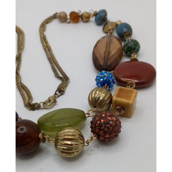 Chunky‎ Multi Gemstone Beads Mixed Texture Two Strand Gold Tone Necklace 34" - Picture 4 of 8